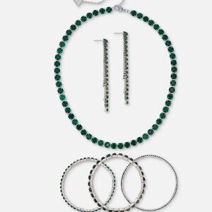 Elegant Green Gemstone Jewelry Set Necklace, Earrings & Bracelets – Silver Tone